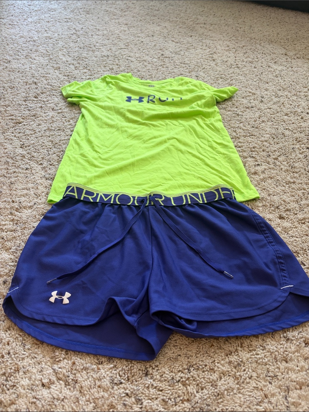 Under Armour Neon Yellow Tee with Royal Blue Athletic Shorts Set